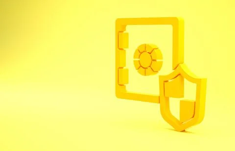 Yellow Safe with shield icon isolated on yellow background. Insurance concept Illustrazione stock