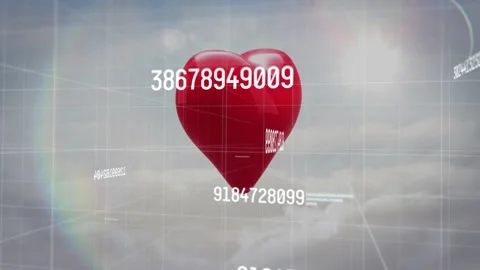 Yellow scanning beams causing code overlays as red heart pulsing shattering Stock Footage 318240634