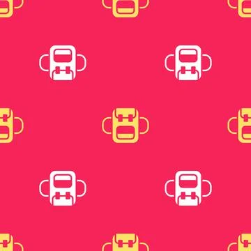 Yellow School backpack icon isolated seamless pattern on red background. Vector 스톡 일러스트