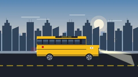 Yellow school bus animation driving past city skyline at dusk loop Stock Footage 346545194