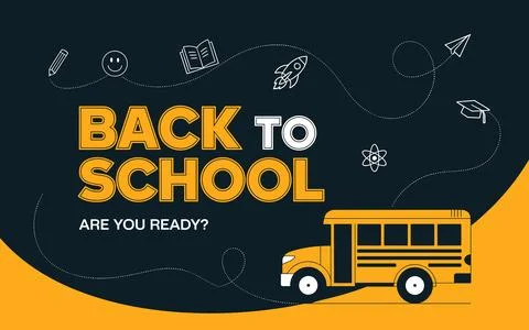 Yellow school bus with back to school text and icons Stock-Illustration