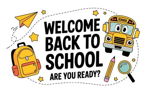 Yellow school bus backpack pencil and magnifying glass welcome back to school Stock Illustration