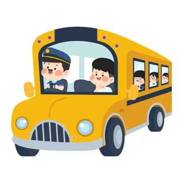 Yellow School Bus with Driver and Happy Children Students for Education Ilustración de archivo