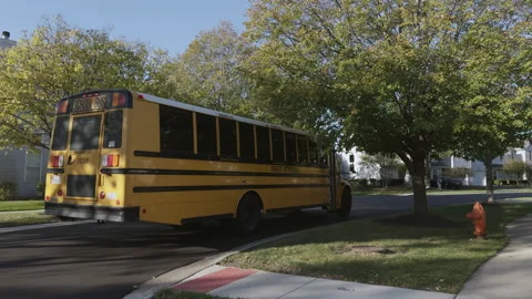 Yellow school bus drives down the street in suburbs. Naperville, IL, USA Video stock 291597992