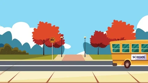 Yellow school bus drives down road with trees in autumn season, motion back.. Stock Footage 334538056
