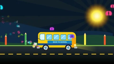 Yellow school bus drives at night with floating letters and school supplies. Stock Footage 340449802