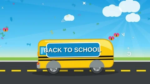Yellow school bus driving on road cartoon motion animation on blue sky back.. Stock Footage 340449797