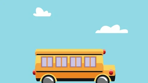 Yellow school bus driving through city with clouds in background. Stock Footage 334092246