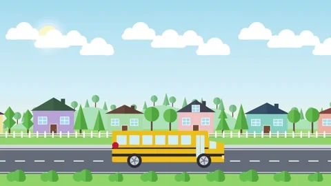 Yellow school bus driving through a suburban neighborhood Видео 348270520