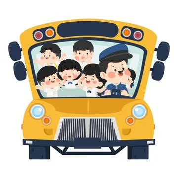 Yellow School Bus with Happy Students and Driver for Back to School Educati.. Ilustración de archivo