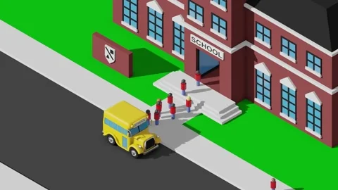 Yellow school bus outside of school animation seemless looping Stock Footage 145384842