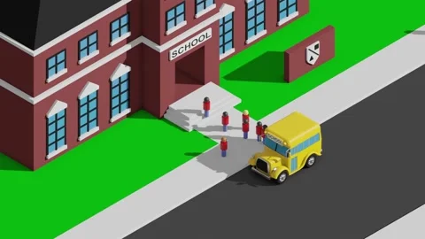 Yellow school bus outside of school animation seemless looping Stock Footage 145385459