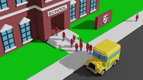 Yellow school bus outside of school animation seemless looping Stock Footage 145386580