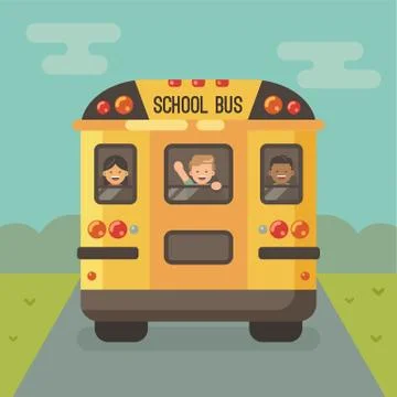 Yellow school bus on the road, back view, with three children looking out the Stock Illustration