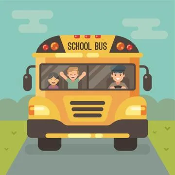 Yellow school bus on the road, front view, with a driver and two children. a  Stock Illustration