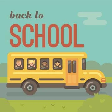Yellow school bus on the road, side view, with four children looking out the  Stock Illustration