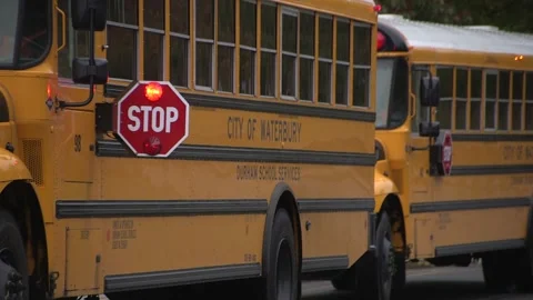 Yellow school bus stop light flashing Stock Footage 304373556