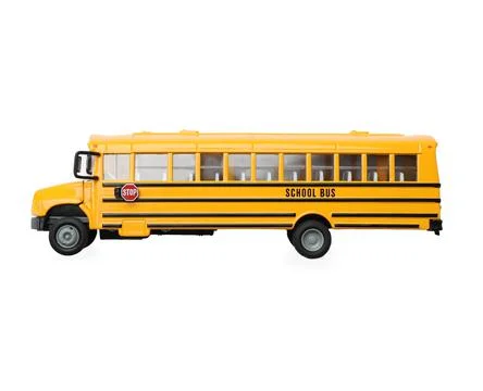 Yellow school bus on white background, top view with space for text. Transpor Stock Photos