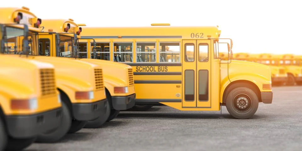 Yellow school buses in a row. Illustrazione stock
