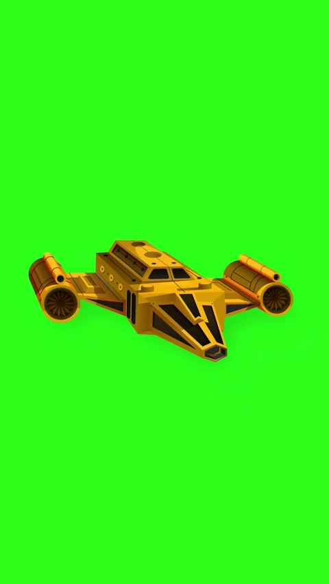 Yellow Sci-Fi Spaceship Floating on Green Screen Background Stock Footage 344616867