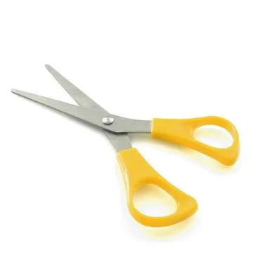 Yellow scissors isolated on a white background with shadows 스톡 사진