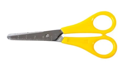 Yellow scissors with ruler isolated on white background Stock Photos