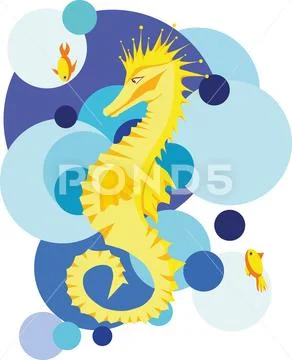 Yellow seahorse in stylized sea Stock Illustration