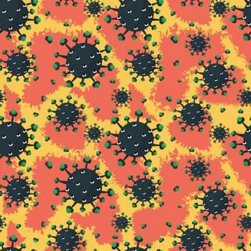 Yellow seamless pattern with blue viruses or coronaviruses with red shapes Stock Illustration
