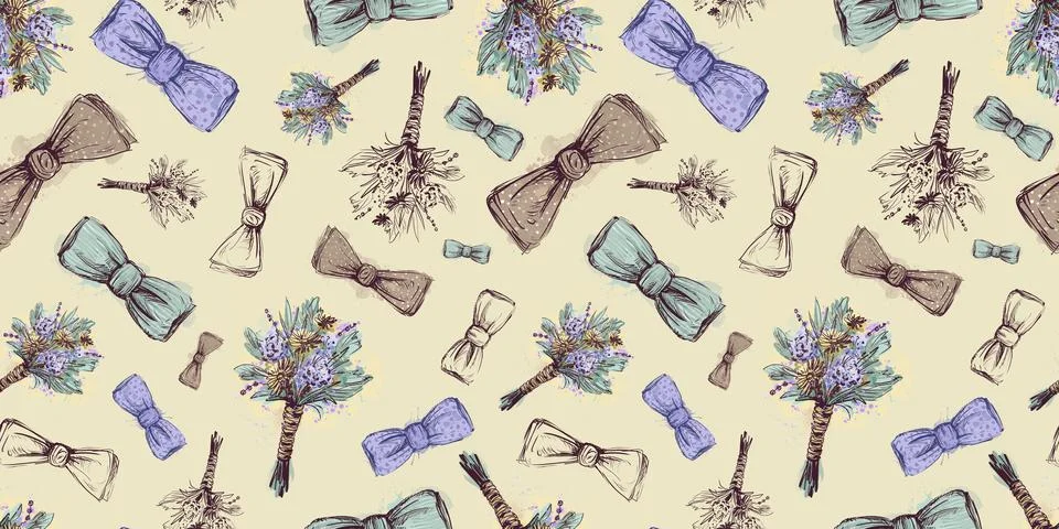 Yellow seamless pattern with bow tie boutonniere. Watercolor pattern for a Ilustración de archivo