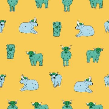 Yellow seamless pattern of hand drawn small and big highland blue cows, which Stock Illustration