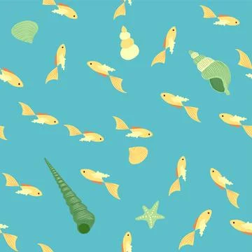 Yellow Seamless pattern with starfish, corals, pearls and shells. Vector back Stockillustratie