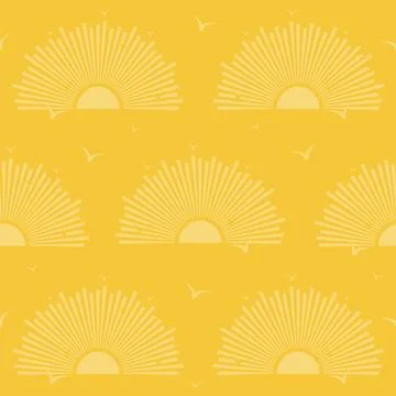 Yellow seamless pattern of sunrise and flying birds. Print for nurcery. Stock Illustration