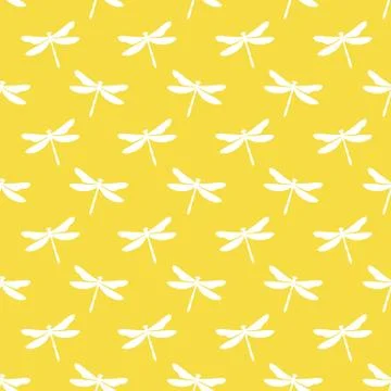 Yellow seamless pattern with white dragonflies Stock Illustration