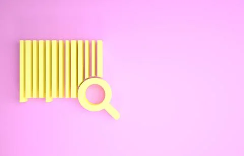 Yellow Search barcode icon isolated on pink background. Magnifying glass sear Illustrazione stock
