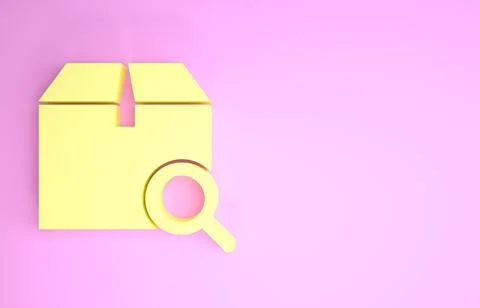 Yellow Search package icon isolated on pink background. Parcel tracking symbo Illustrazione stock