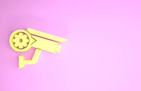 Yellow Security camera and gear icon isolated on pink background. Adjusting a Stock Illustration