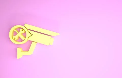 Yellow Security camera with screwdriver and wrench icon isolated on pink back Stock Illustration