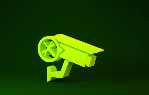 Yellow Security camera with screwdriver and wrench icon isolated on green bac Stock Illustration