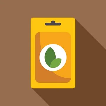 Yellow seed packet with green leaf logo hanging on wall with long shadow Illustrazione stock