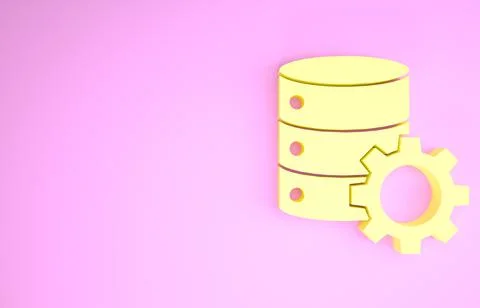 Yellow Server and gear icon isolated on pink background. Adjusting app, servi Illustrazione stock