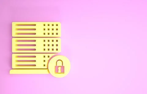 Yellow Server security with closed padlock icon isolated on pink background.  Stock Illustration