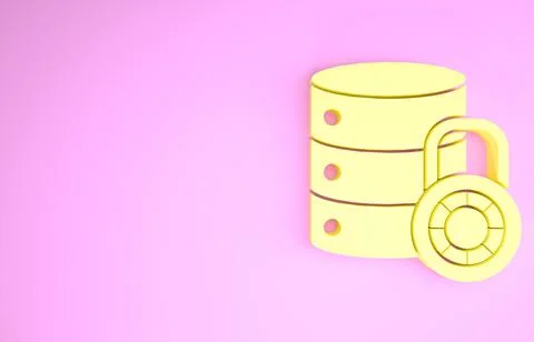 Yellow Server security with closed padlock icon isolated on pink background.  Stock Illustration
