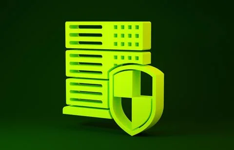 Yellow Server with shield icon isolated on green background. Protection again Stock Illustration