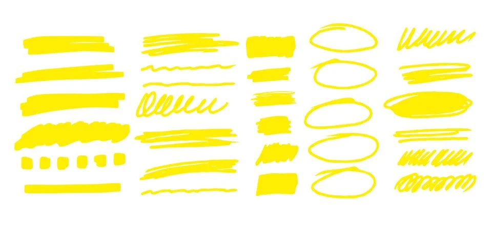 Yellow set highlighter elements. Underline element, color text mark Stock Illustration
