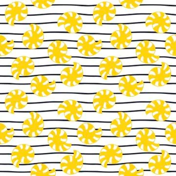 Yellow shells and waves on white background. Hand drawn seamless pattern Stock Illustration