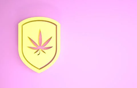 Yellow Shield and marijuana or cannabis leaf icon isolated on pink background Stock Illustration