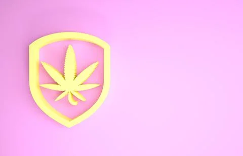 Yellow Shield and marijuana or cannabis leaf icon isolated on pink background Stock Illustration