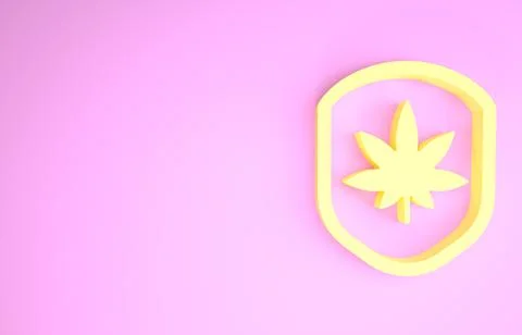 Yellow Shield and marijuana or cannabis leaf icon isolated on pink background Stock Illustration