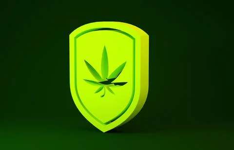 Yellow Shield and marijuana or cannabis leaf icon isolated on green backgroun Stock Illustration