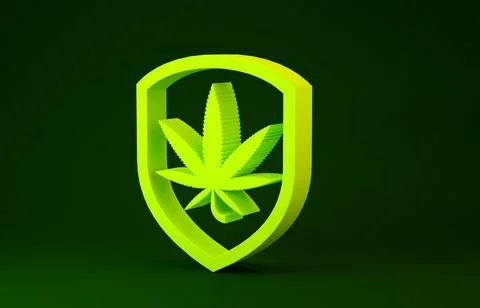 Yellow Shield and marijuana or cannabis leaf icon isolated on green backgroun Stock Illustration